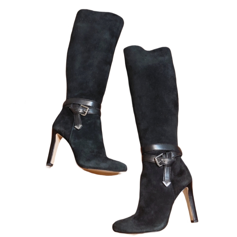ANTONIO MELANI Black Heeled Knee High Boots Black Suede Belted Boot Sz 6.5
